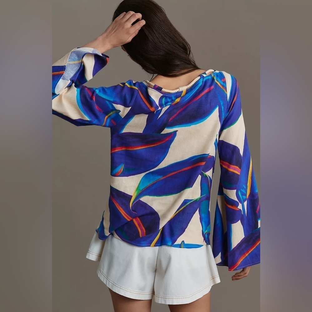 Farm Rio Long-Sleeve Rope-Tie Blouse 💙 - Picture 2 of 8